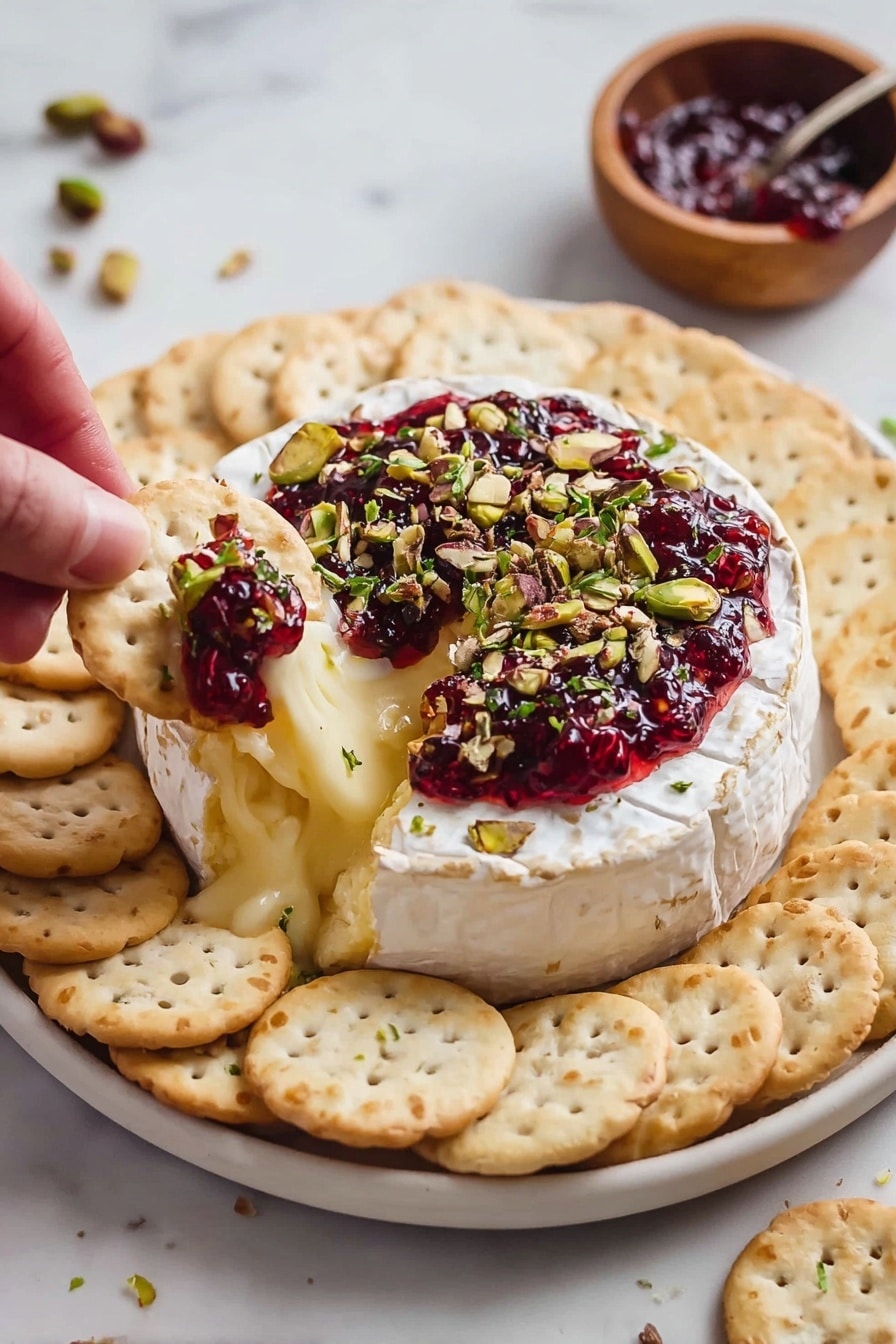 Baked Brie with Cranberry Sauce Recipe 6 The image shows a round wheel of soft white cheese on a white plate with a white marbled background. On top of the cheese, there is a thick layer of dark red jam spread unevenly, with pieces of green pistachios and brown almonds scattered over it, along with some small green herb leaves. A wedge of the cheese is cut out, revealing its soft and creamy yellow inside. Around the plate, many round light tan crackers are placed, and a woman's hand is holding one cracker with melted cheese on it near the cheese wheel. To the right, there is a small bowl filled with the same dark red jam and a spoon inside it. Photo taken with an iphone --ar 4:5 --v 7