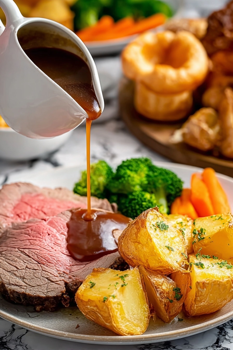Juicy Roast Beef Dinner with Yorkshire Pudding Recipe 6 A close-up of a black plate with a slice of pink roast meat in the middle being covered with thick brown gravy pouring from a white gravy boat positioned to the left. Around the meat are three golden roasted potatoes with crispy edges, to the upper right a light brown puffy Yorkshire pudding, and orange cooked carrots. Vibrant green broccoli is placed behind the meat and potatoes. In the background, blurred roasted meat and yellow cauliflower on a white marbled surface are visible. A metal fork with a woman's hand is slightly visible to the left of the plate. photo taken with an iphone --ar 4:5 --v 7