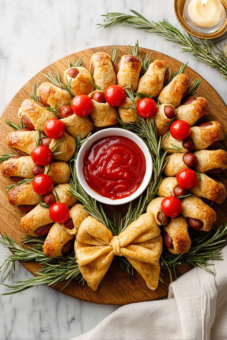 A white round plate holds a wreath made of small golden-brown crescent rolls wrapped around mini sausages. The wreath is decorated with small red cherry tomatoes and white star-shaped cheese pieces placed evenly around it, with green rosemary sprigs tucked in between as greenery. At the bottom center of the wreath, there is a large crescent roll shaped like a bow. In the middle of the wreath, there is a small white bowl filled with bright red ketchup. The plate is placed on a white marbled surface with a cloth underneath that has green and white checkered pattern. Photo taken with an iphone --ar 4:5 --v 7