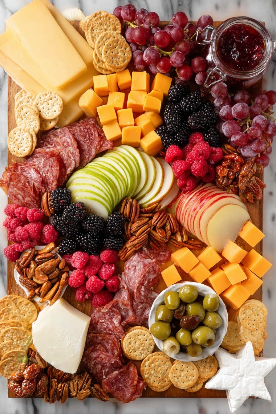 A large wooden board filled with many layers of food. One corner has a white bowl with green and purple olives. Around the bowl are slices of light yellow cheese, light orange cheese cubes, and round crackers in a circle. There are slices of red and pink cured meats like salami and prosciutto, arranged in small bunches across the board. Fresh fruits like blackberries, raspberries, apple slices, fig halves, and red cherries fill spaces between the other foods. Small wooden bowls hold candied pecans in the center and on the edges. There are several small blocks and wedges of different cheeses in cream and white shades, including a round wheel of brie. Some rosemary sprigs and tiny white flower decorations add green touches. The whole board is on a white marbled surface, with two silver forks at the top left and a glass with cherries and rosemary to the side. Photo taken with an iphone --ar 4:5 --v 7