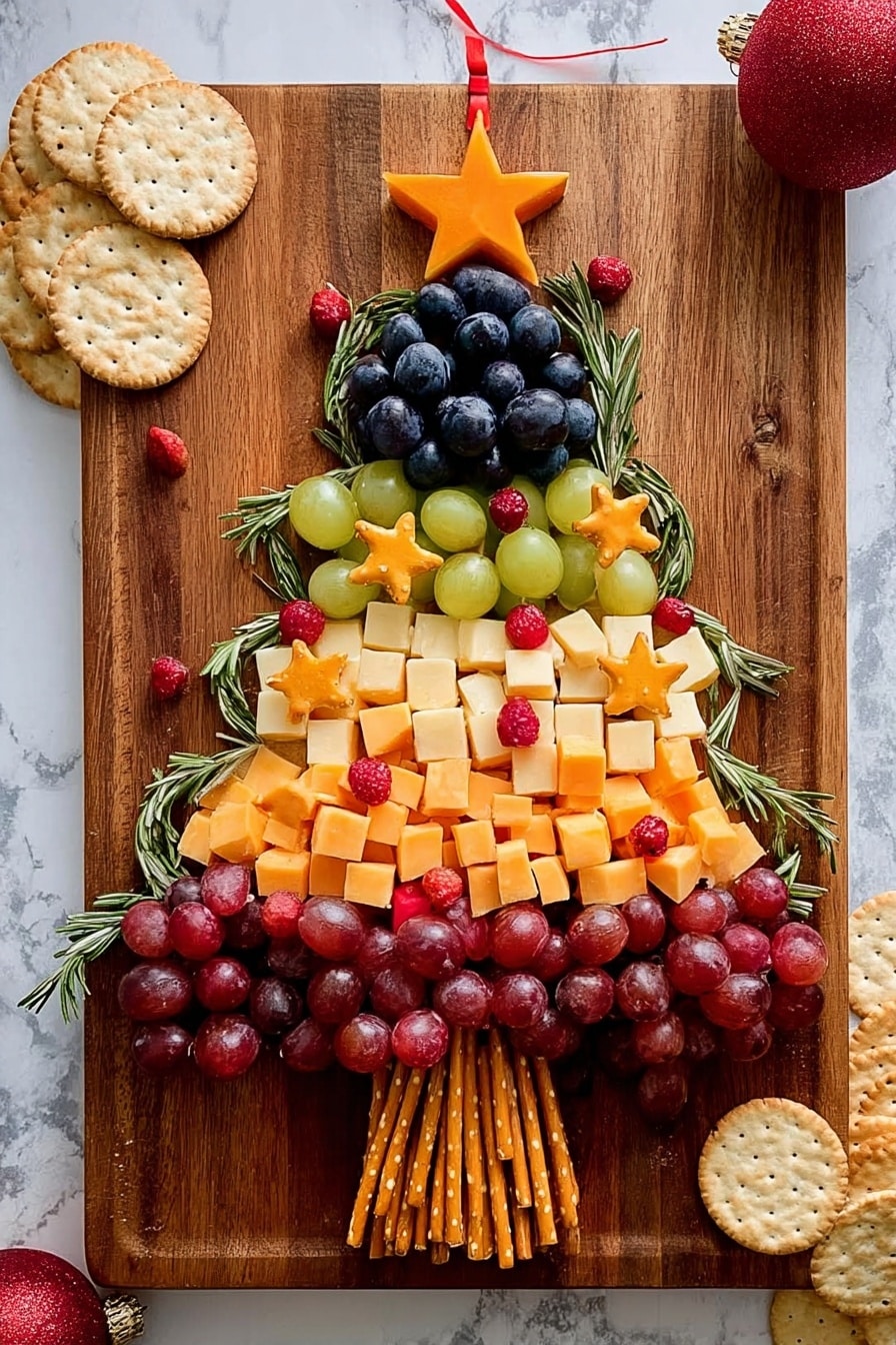 A wooden board on a white marbled surface holds a Christmas tree-shaped snack. The tree has seven layers: the top is dark purple blueberries with an orange star-shaped carrot on top; the second layer has small pale yellow cheese cubes with two yellow cheese stars; the third layer is light green grapes; the fourth layer consists of small pale yellow cheese cubes mixed with red pomegranate seeds and another orange carrot star; the fifth layer is dark red grapes with a yellow cheese star; the sixth layer is orange cheese cubes with a few pomegranate seeds; and the trunk is made from thin pretzel sticks. Green rosemary sprigs are placed around the tree, and round and square crackers are scattered near the board's edges. Two packets of cheese are placed on the board’s left side, and a red Christmas ornament is beside the top right corner. Photo taken with an iphone --ar 4:5 --v 7
