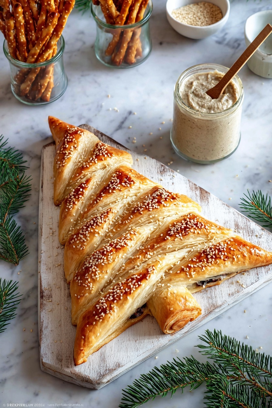 A puff pastry shaped like a Christmas tree lies on a white wooden board with peeling paint, consisting of one main thick trunk layer topped with sesame seeds in the center, and two side layers on each side twisted to create a branch effect with a golden-brown, flaky texture. The pastry has a shiny surface from an egg wash, and pine sprigs are placed around the board for decoration. The setting is on a dark wooden table with a paint brush and a white bowl filled with coarse salt in the background, along with glasses containing more puff pastry twists and additional pine sprigs. Photo taken with an iphone --ar 4:5 --v 7