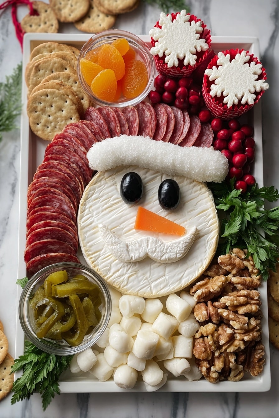 A white plate with slices of round soft cheese arranged to look like a Santa face, with black olive pieces for eyes and a red piece for the mouth, topped with a white cheese hat and mustache. Next to the cheese face, there are many thin folds of red salami leaning to the top left. Around the plate are small round white mozzarella balls, white cheese cubes, light beige stick-shaped cookies in a red paper cup, light tan crackers in a red paper cup, brown walnuts, bright orange dried apricots in a clear glass bowl, bright red berries on small branches, green parsley leaves, and a white snowflake-shaped cheese decoration. The plate sits on a white marbled surface covered with a vintage newspaper sheet. The photo shows some green pine branches at the edges. Photo taken with an iphone --ar 4:5 --v 7