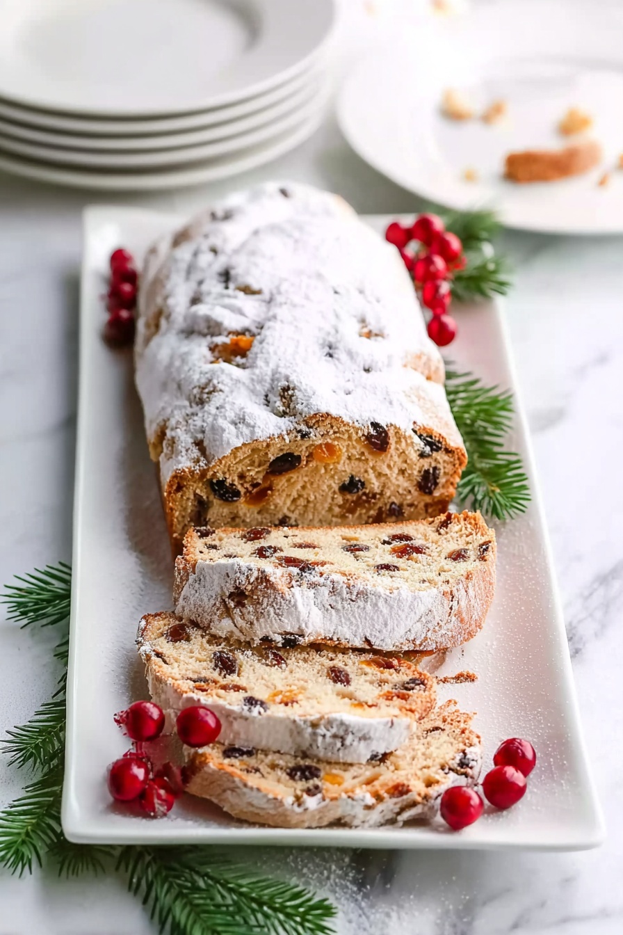 The image shows a loaf of fruit bread lightly dusted with powdered sugar on a white marbled surface. The loaf is cut into several slices on the right side, revealing a soft light brown inside filled with dark and red dried fruits. To the left of the loaf is a small metal mesh sieve filled with powdered sugar. Small green fir branches with bright red berries and tiny pine cones decorate the corners. Photo taken with an iphone --ar 4:5 --v 7