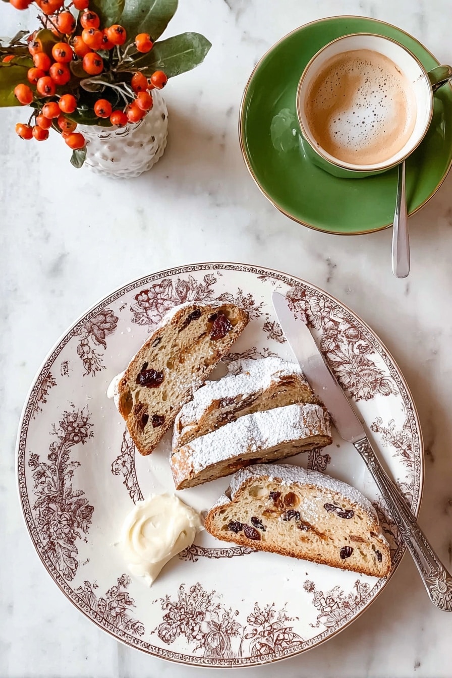 A white plate with an intricate brown floral border holds four slices of rustic bread with visible raisins and nuts, some dusted lightly with powdered sugar. A silver butter knife rests on the plate with a thick smear of pale cream butter. Above the plate, on a white marbled surface, a bright green cup and saucer contain a coffee with a frothy top and light brown swirls, next to a silver spoon with traces of coffee foam. A small clear glass vase in the upper left corner holds a sprig of red berries and green leaves, adding a pop of color to the scene. Photo taken with an iphone --ar 4:5 --v 7