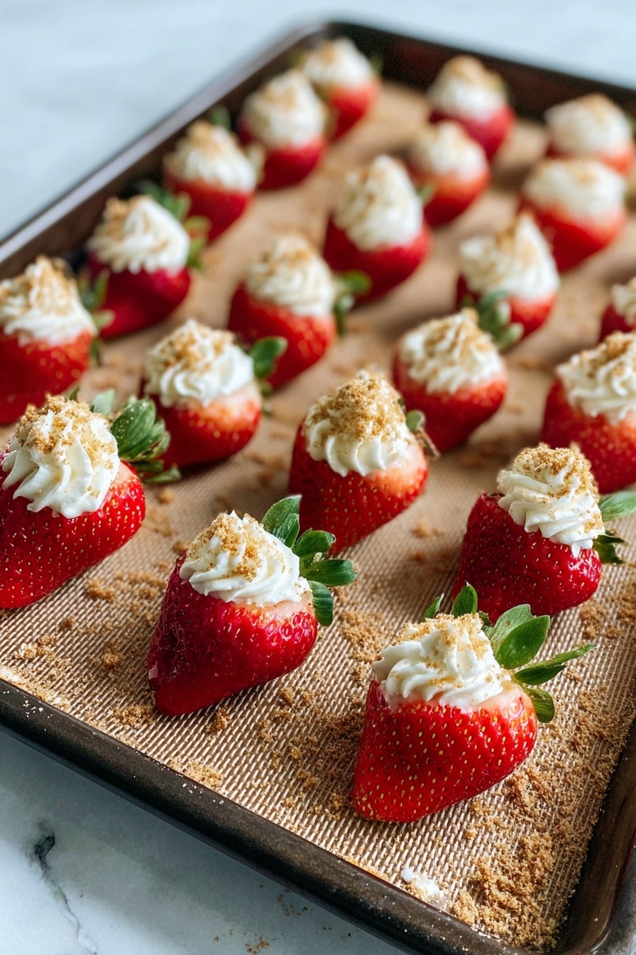 A tray filled with many strawberry halves, each topped with a swirl of white cream in the center. The strawberries are bright red with green leaves still attached at the bottom. A layer of light brown crumbs is lightly scattered over the strawberries and the tray surface, which has a textured mat inside a blue tray. The tray is set on a white marbled surface with a blurred green wall as background. Photo taken with an iphone --ar 4:5 --v 7