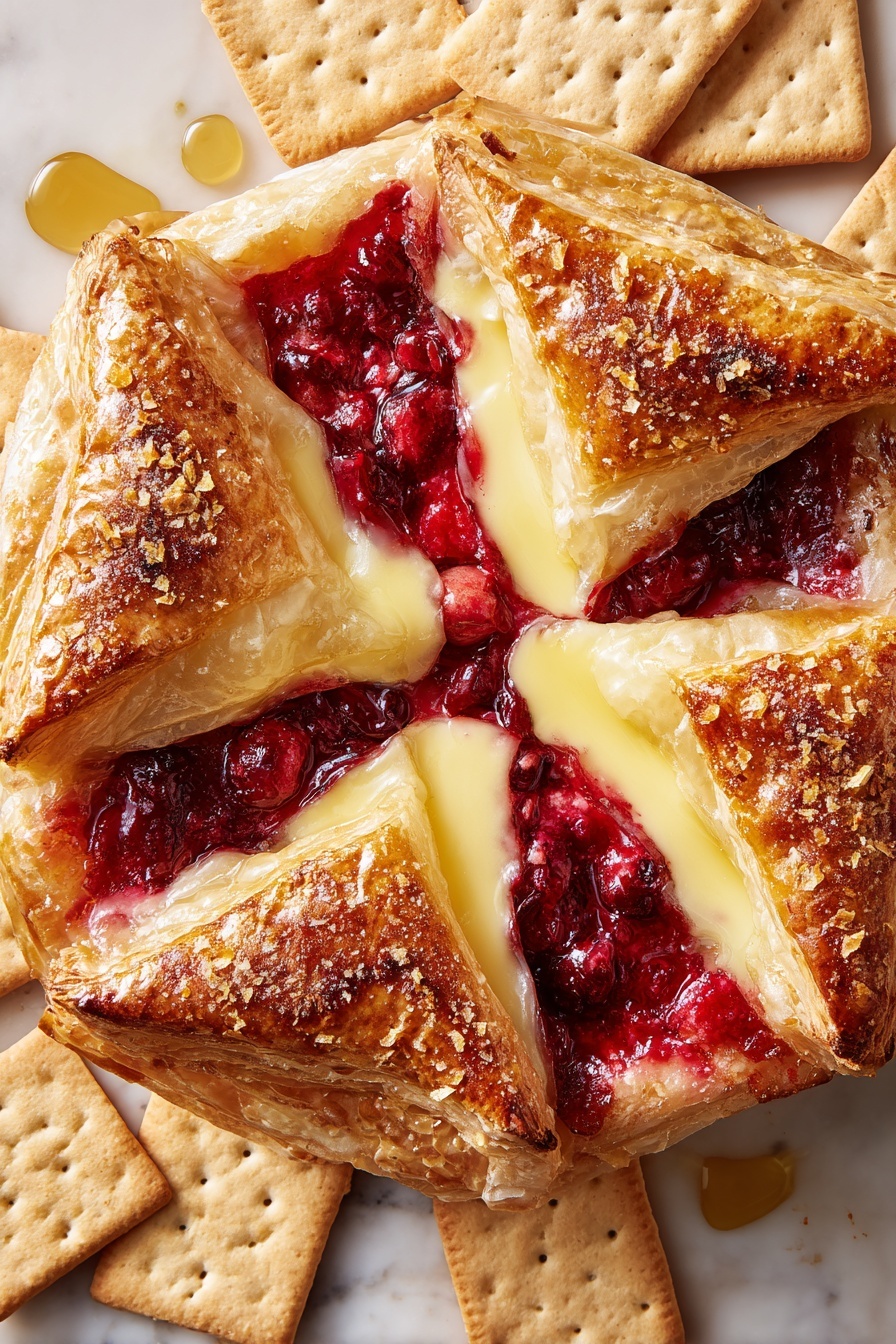 The image shows a baked dish with four thick, triangular, golden-brown pastry layers arranged in a star shape, each sprinkled with coarse sugar on top. Between the pastry triangles, there is a vibrant, shiny red cranberry sauce and melted creamy cheese, with some cheese oozing out at the edges. The dish sits on a bed of rectangular pale crackers with a slightly rough texture, all placed on a white marbled surface, with a drizzle of honey or syrup over the crackers and around the dish. Photo taken with an iphone --ar 4:5 --v 7