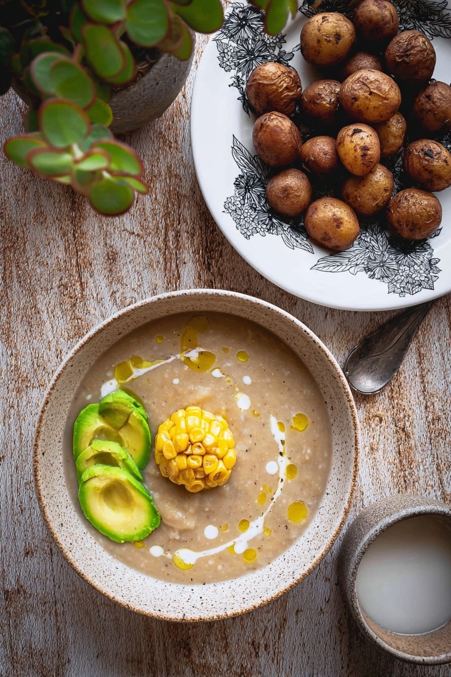 A black bowl filled with thick creamy soup that has a beige color and visible small chunks inside. On top, there is a bright yellow and white corn piece placed in the center. To the upper right, thin slices of green avocado fan out naturally. The soup is decorated with swirls of white cream and small round drops of golden oil, adding texture and contrast. The bowl sits on a dark rustic wooden surface next to two old, tarnished metal spoons placed side by side. photo taken with an iphone --ar 4:5 --v 7