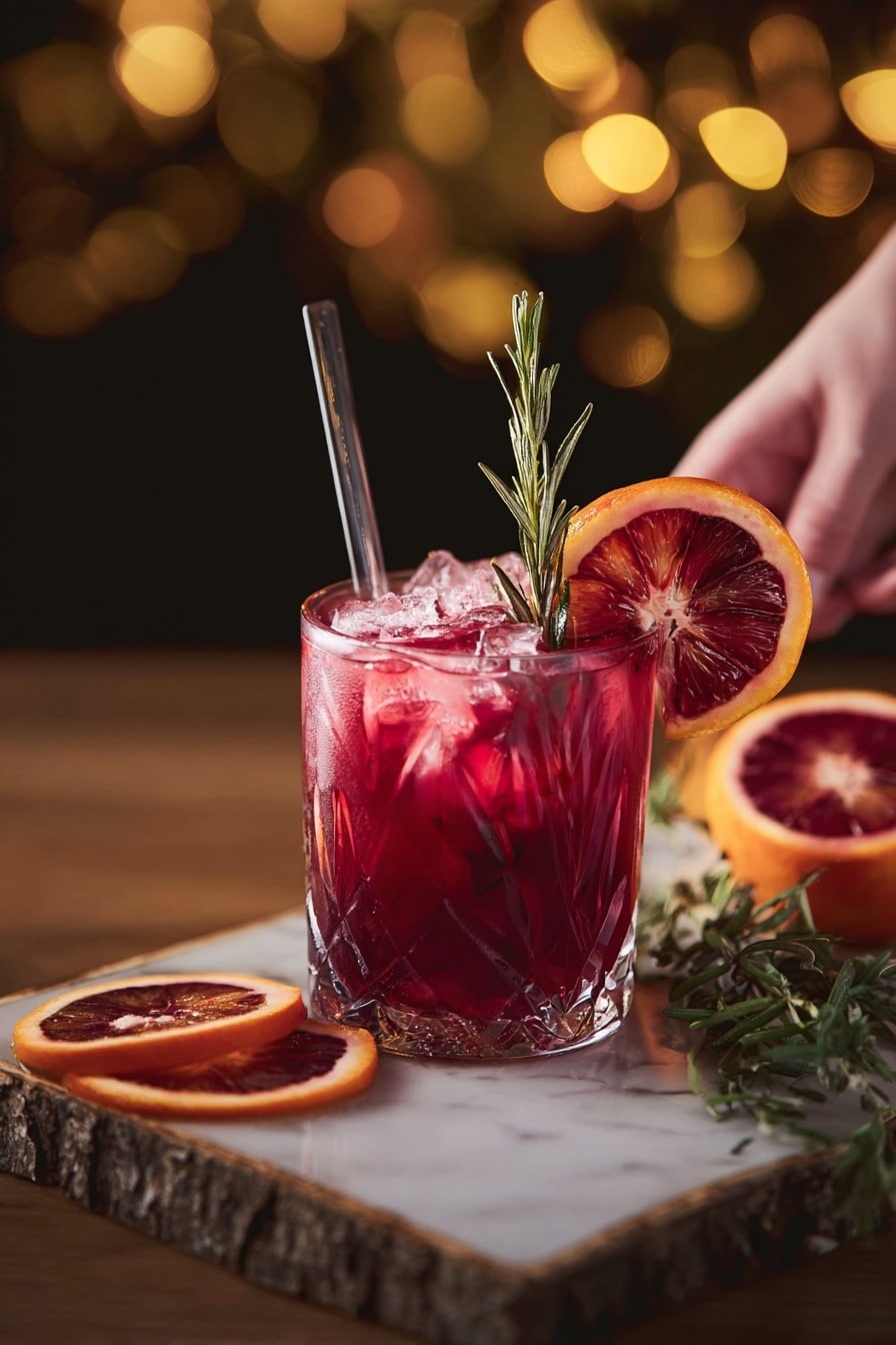 A clear glass filled with a bright red drink holds several large ice cubes inside, with a green sprig of rosemary standing upright among the ice. A slice of blood orange with a bright orange peel and deep red inside rests on the rim of the glass, while a transparent straw is placed in the drink. The glass sits on a small wooden board next to two more blood orange slices and a small sprig of rosemary, all arranged on a white marbled surface with small white decorative branches nearby. The background is softly blurred with warm golden light spots. photo taken with an iphone --ar 4:5 --v 7