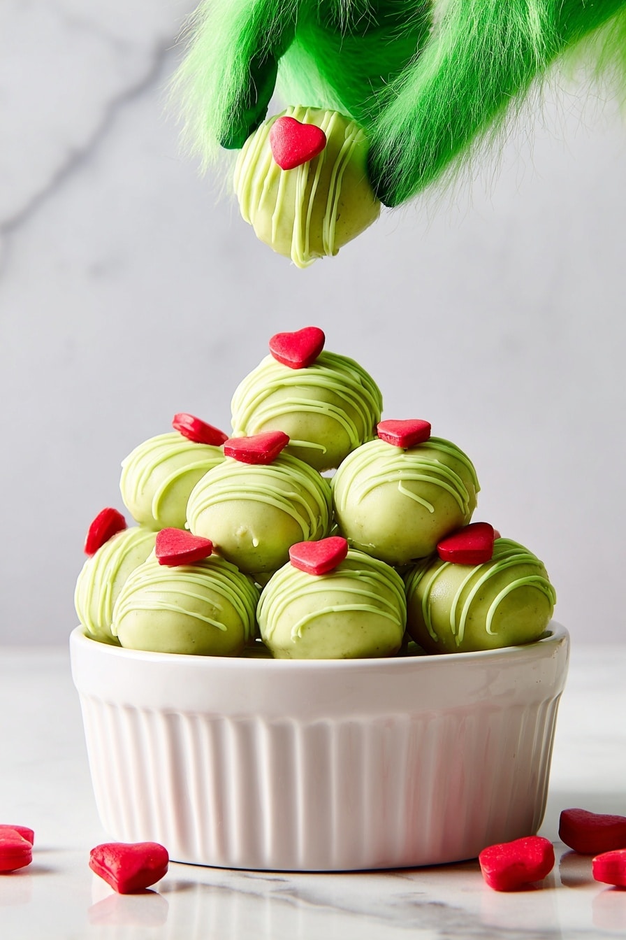 Grinchy Red Velvet Cake Balls Recipe 6 A furry green woman's hand is holding one round green cake ball above a pile of similar cake balls in a white bowl. Each cake ball is green, smooth, and covered with thin green icing drizzle and small red heart decorations on top. The white bowl is sitting on a white marbled surface with a few small red heart sprinkles scattered around it. The background is plain with a white marbled texture. Photo taken with an iphone --ar 2:3 --v 7 - Grinchy Red Velvet Cake Balls, festive cake ball recipe, holiday treats, easy holiday desserts, no-bake cake balls