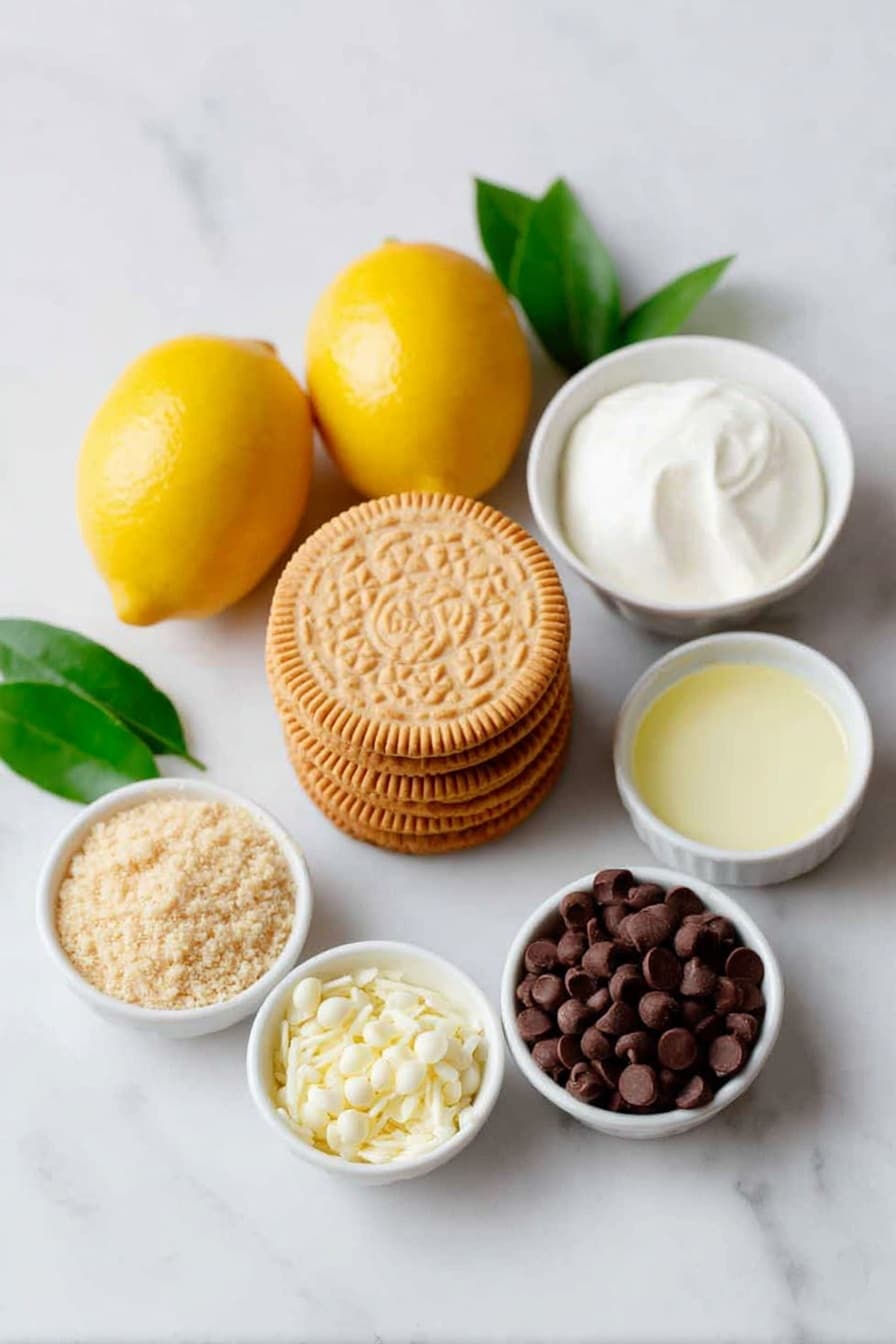 Lemon Oreo Truffles Recipe 7 Flat lay of a small stack of fresh whole bright yellow lemons, a few sprigs of green lemon leaves, a small white ceramic bowl filled with fine golden vanilla cream cookie crumbs, a whole Golden Oreo cookie placed beside the crumbs, a small white ceramic bowl with smooth softened cream cheese, a small white ceramic bowl holding delicate lemon zest strands, a small white ceramic bowl containing fresh lemon juice with visible pulp, a small white ceramic bowl filled with glossy white chocolate chips, and a small white ceramic bowl with a dollop of creamy coconut oil, all arranged with perfect symmetry on a clean white marble surface, soft natural light, photo taken with an iPhone, professional food photography style, fresh ingredients, white ceramic bowls, no bottles, no duplicates, no utensils, no packaging --ar 2:3 --v 7 --p m7354615311229779997 - Lemon Oreo Truffles, Lemon Oreo dessert, no-bake lemon truffles, easy lemon chocolate truffles, citrus Oreo candies