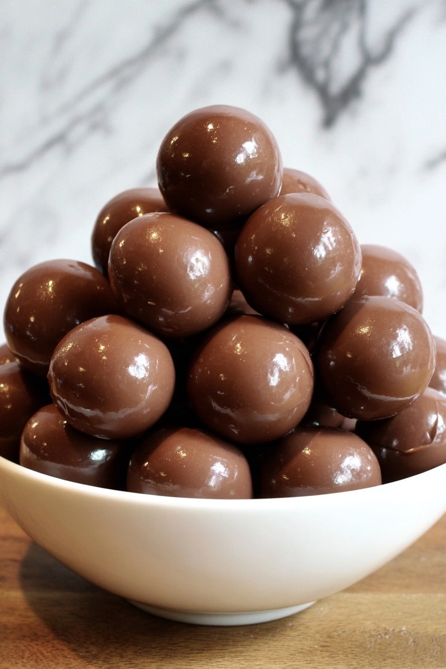 A white bowl is filled to the top and piled high with large, round shiny chocolate balls that have a smooth, glossy texture. The chocolate balls are stacked in a pyramid shape, with some spilling over the rim of the bowl, showing their rich brown color with light reflections on their surface. The bowl is set on a white marbled surface. Photo taken with an iphone --ar 2:3 --v 7 - Malted Milk Balls, Malted Milk Balls Recipe, Homemade Malted Milk Candies, Easy Malted Treats, Nostalgic Candy Recipes