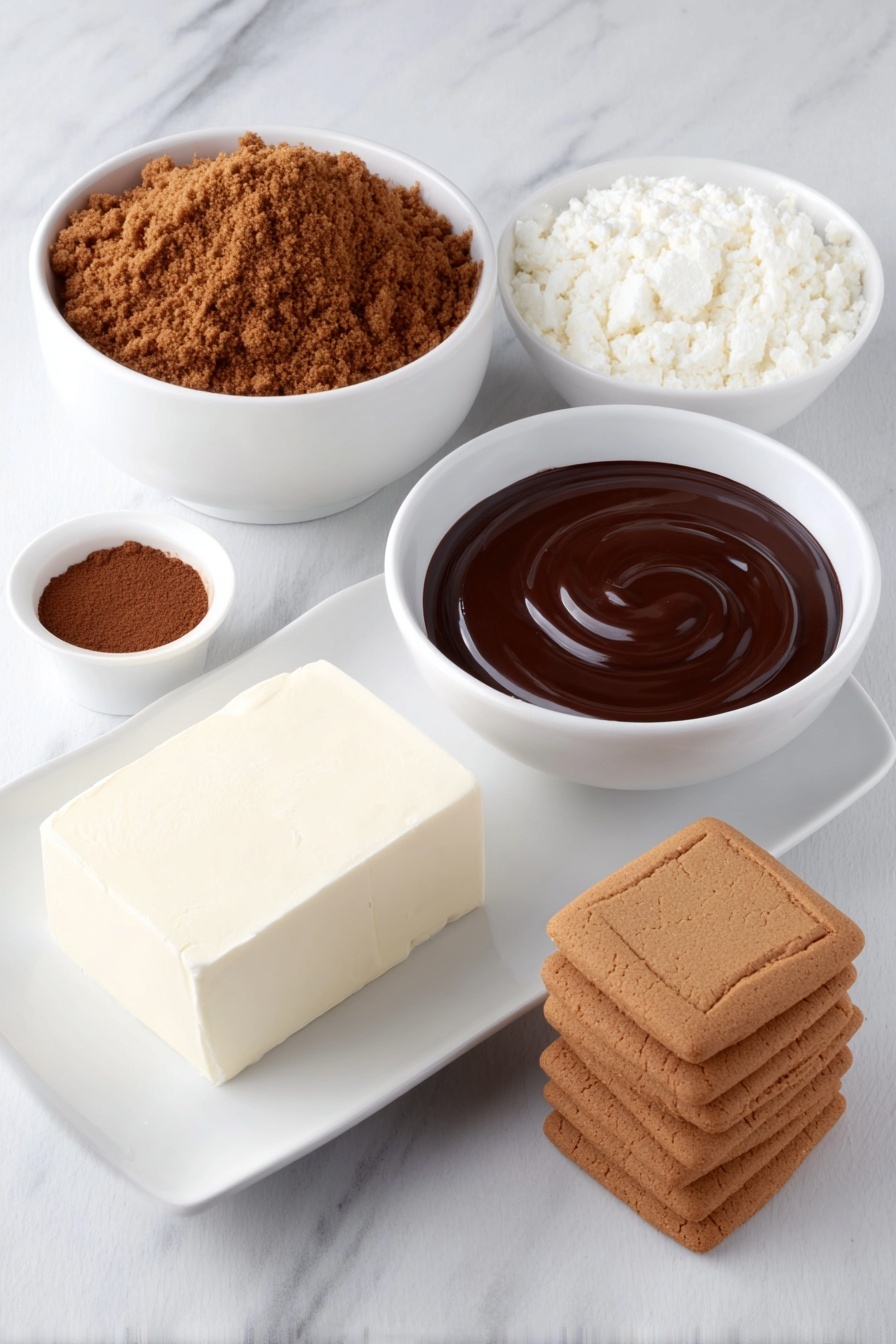 Chocolate Gingerbread Truffles Recipe 7 Flat lay of a small white ceramic bowl filled with finely crushed gingersnap cookie crumbs, a few whole gingersnap cookies stacked beside it, a block of cream cheese with a smooth surface on a white ceramic plate, a small white bowl containing ground cinnamon powder, and a simple white ceramic bowl holding glossy melted dark chocolate, all arranged in perfect symmetry with natural lighting placed on a clean white marble surface, soft natural light, photo taken with an iPhone, professional food photography style, fresh ingredients, white ceramic bowls, no bottles, no duplicates, no utensils, no packaging --ar 2:3 --v 7 --p m7354615311229779997 - Chocolate Gingerbread Truffles, gingerbread truffles, holiday chocolate candies, no-bake Christmas treats, festive chocolate truffles