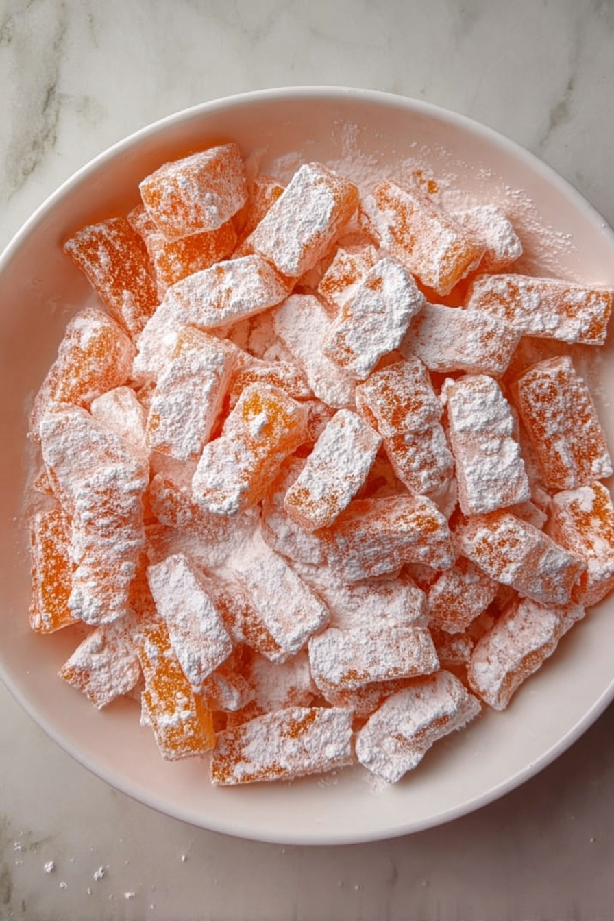 Hard Candy Recipe with Lemon Extract Recipe 8 The image shows several small square orange caramels wrapped in clear white wax paper with twisted ends, scattered on a white marbled surface. The caramels have a slightly rough texture with white powdered sugar lightly dusted on them, giving a soft and slightly frosty look. Each caramel is evenly wrapped, showing the orange inside clearly through the paper. Photo taken with an iphone --ar 2:3 --v 7 - Hard Candy Lemon Extract, homemade hard candy, lemon flavored candies, DIY candy recipes, easy candy tutorial