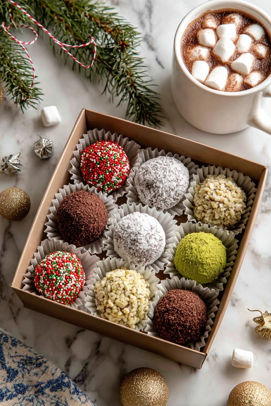 Spiced Rum Balls Recipe 8 A box with nine round chocolate truffles arranged in a 3 by 3 grid, each placed in individual white paper cups inside a light brown box. The truffles have different coatings: white powdered sugar, red, green, and white tiny round sprinkles, light brown cocoa powder, and crushed nuts, creating a mix of white, red, green, light brown, and nutty beige colors. The box is on a white marbled tiled surface with blue patterns, and nearby are loose truffles, two small gold Christmas ornaments, and a white ceramic mug filled with hot chocolate topped with mini white marshmallows. A plain brown box and green pine sprigs with red and white string are in the background. Photo taken with an iphone --ar 2:3 --v 7 - Spiced Rum Balls, Rum Balls Recipe, No-Bake Rum Balls, Holiday Rum Balls, Easy Boozy Treats