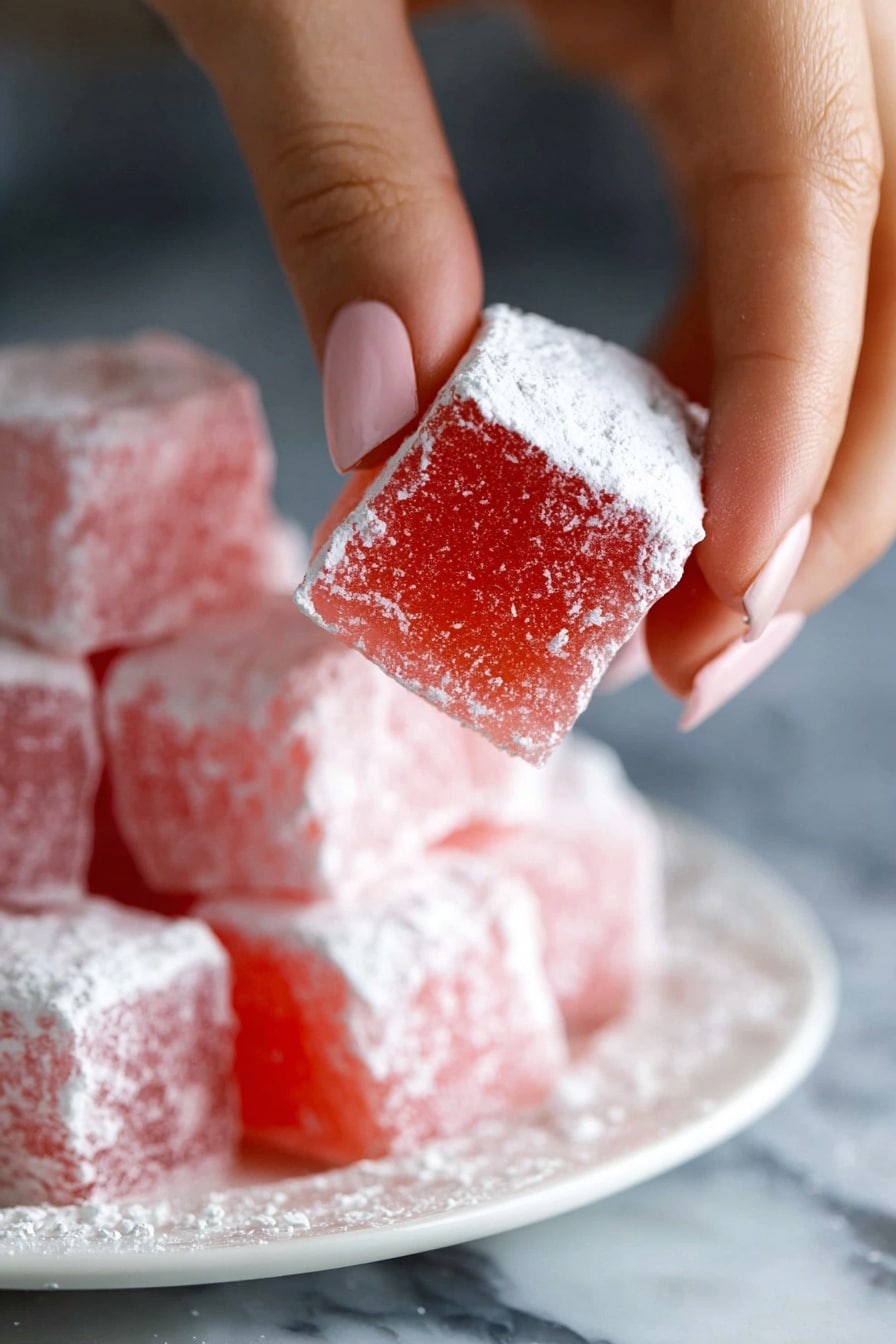 Authentic Turkish Delight Recipe 6 A close-up image shows a woman's hand holding a single pink square-shaped Turkish delight dusted with white powdered sugar. The candy has a soft, slightly shiny texture and is semi-transparent with a bright pink color inside. In the blurred background, there is a white plate stacked high with more pink Turkish delights covered in powdered sugar, all resting on a white marbled surface. photo taken with an iphone --ar 2:3 --v 7 - Authentic Turkish Delight, Turkish Delight recipe, homemade Turkish Delight, rosewater Turkish Delight, traditional Turkish sweets