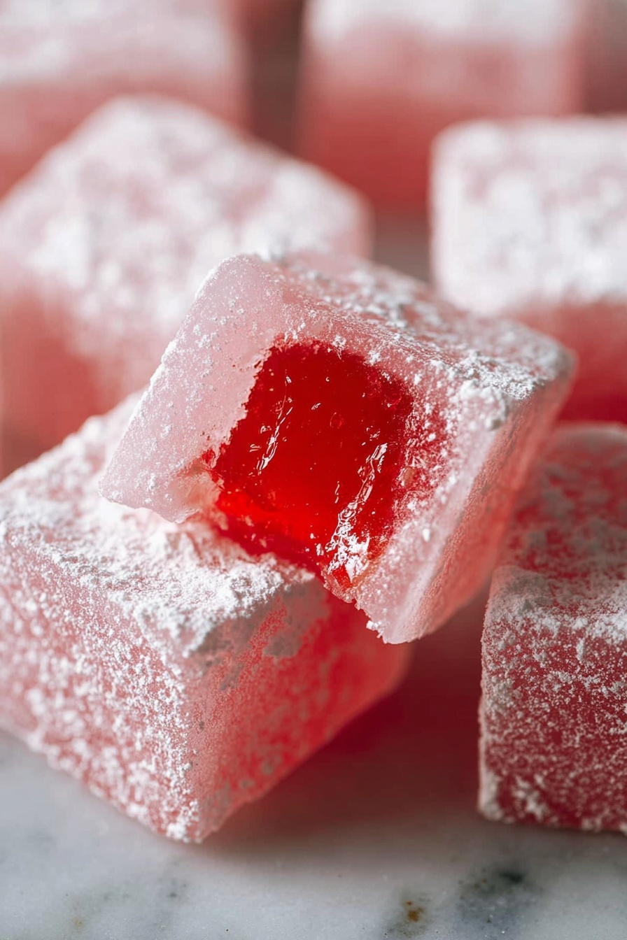 Authentic Turkish Delight Recipe 8 The image shows several square-shaped pink jelly cubes covered in a fine layer of white powdered sugar. One cube is in the front and center, with a bite taken out of its side, revealing a shiny, translucent red jelly inside. The texture of the cubes looks soft and slightly sticky under the sugar. The cubes are placed close together on a white marbled surface. The overall color is soft pink with a bright red center inside the bitten cube. photo taken with an iphone --ar 2:3 --v 7 - Authentic Turkish Delight, Turkish Delight recipe, homemade Turkish Delight, rosewater Turkish Delight, traditional Turkish sweets