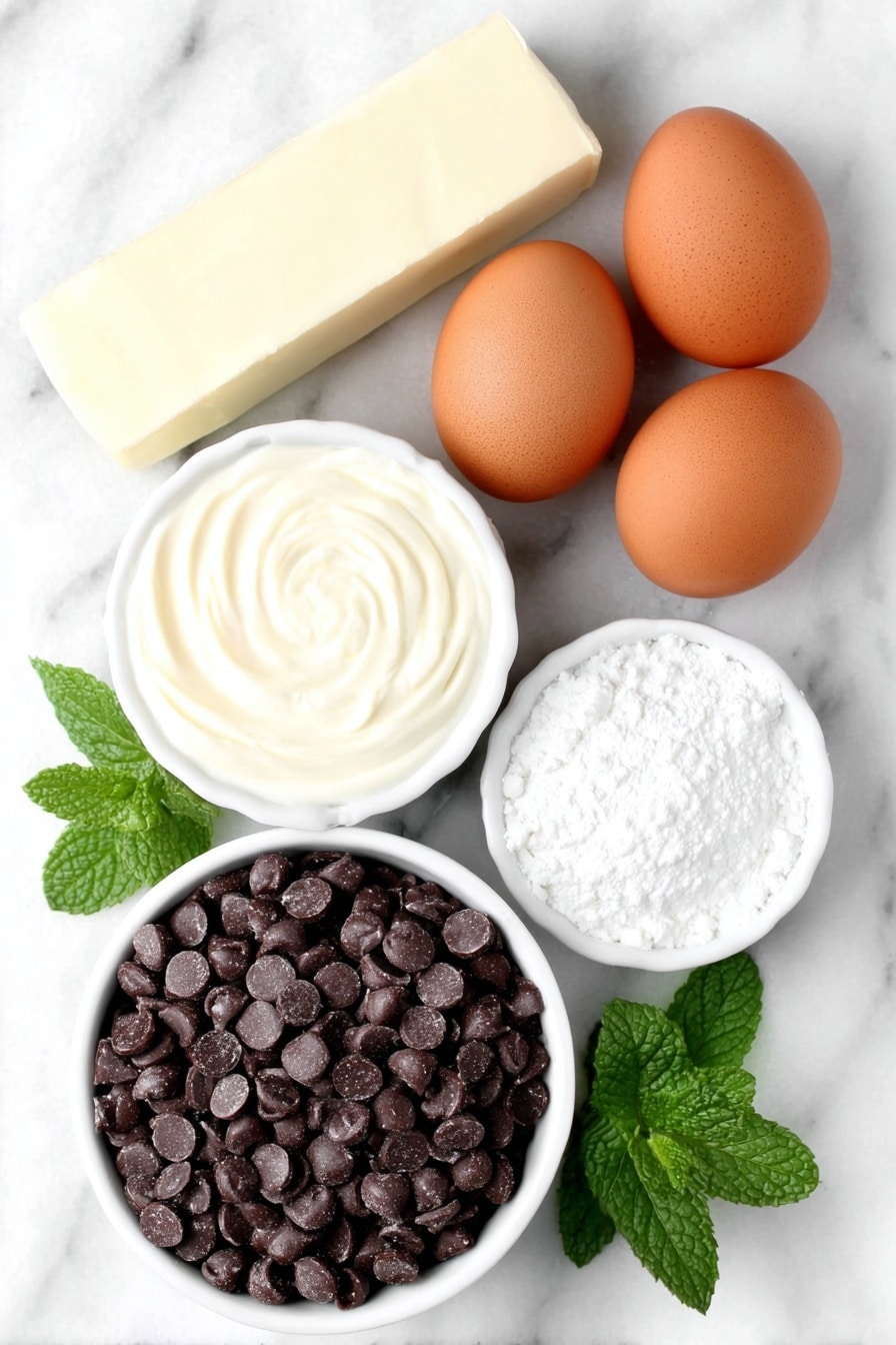 Mint Chocolate Fudge Recipe 7 Flat lay of a small pile of glossy semi-sweet chocolate chips, a smooth stick of unsalted butter, a small white ceramic bowl filled with thick sweetened condensed milk, two whole clean brown eggs, a small white ceramic bowl containing clear peppermint extract, a small white ceramic bowl with pale vanilla extract, and a few fresh mint leaves arranged neatly, all placed on a clean white marble surface, soft natural light, photo taken with an iPhone, professional food photography style, fresh ingredients, white ceramic bowls, no bottles, no duplicates, no utensils, no packaging --ar 2:3 --v 7 --p m7354615311229779997 - Mint Chocolate Fudge, mint chocolate fudge recipe, quick chocolate fudge, easy fudge recipes, homemade mint fudge