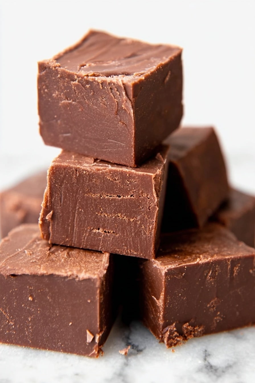Mint Chocolate Fudge Recipe 6 The image shows a close-up of six thick, square pieces of chocolate fudge stacked unevenly on a white marbled surface. The fudge pieces are dark brown with a smooth but slightly rough textured top and sides. The edges are sharp, and the surface of the fudge has some light scratches and small cracks. The stack is arranged so that three pieces form the base, two pieces sit on top of the base, and one piece is balanced on the very top, slightly tilted. photo taken with an iphone --ar 2:3 --v 7 - Mint Chocolate Fudge, mint chocolate fudge recipe, quick chocolate fudge, easy fudge recipes, homemade mint fudge