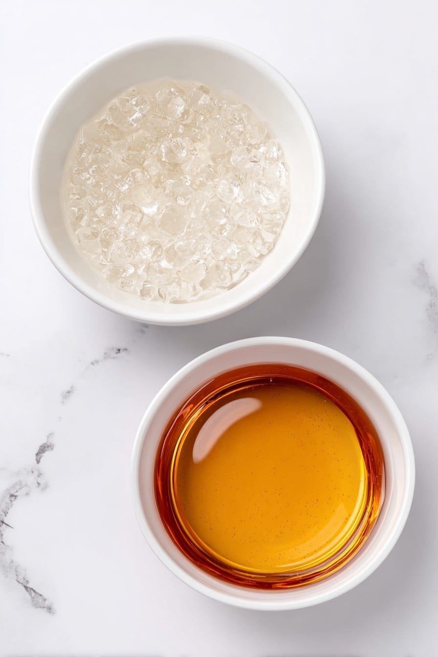 Maple Syrup Candy Recipe 7 Flat lay of a small white ceramic bowl filled with golden amber maple syrup, placed next to a clean white ceramic bowl of clear water, placed on a clean white marble surface, soft natural light, photo taken with an iPhone, professional food photography style, fresh ingredients, white ceramic bowls, no bottles, no duplicates, no utensils, no packaging --ar 2:3 --v 7 --p m7354615311229779997 - Maple Syrup Candy, Maple Syrup Candy Recipe, Homemade Maple Candy, How to Make Maple Candy, Easy Maple Syrup Candy