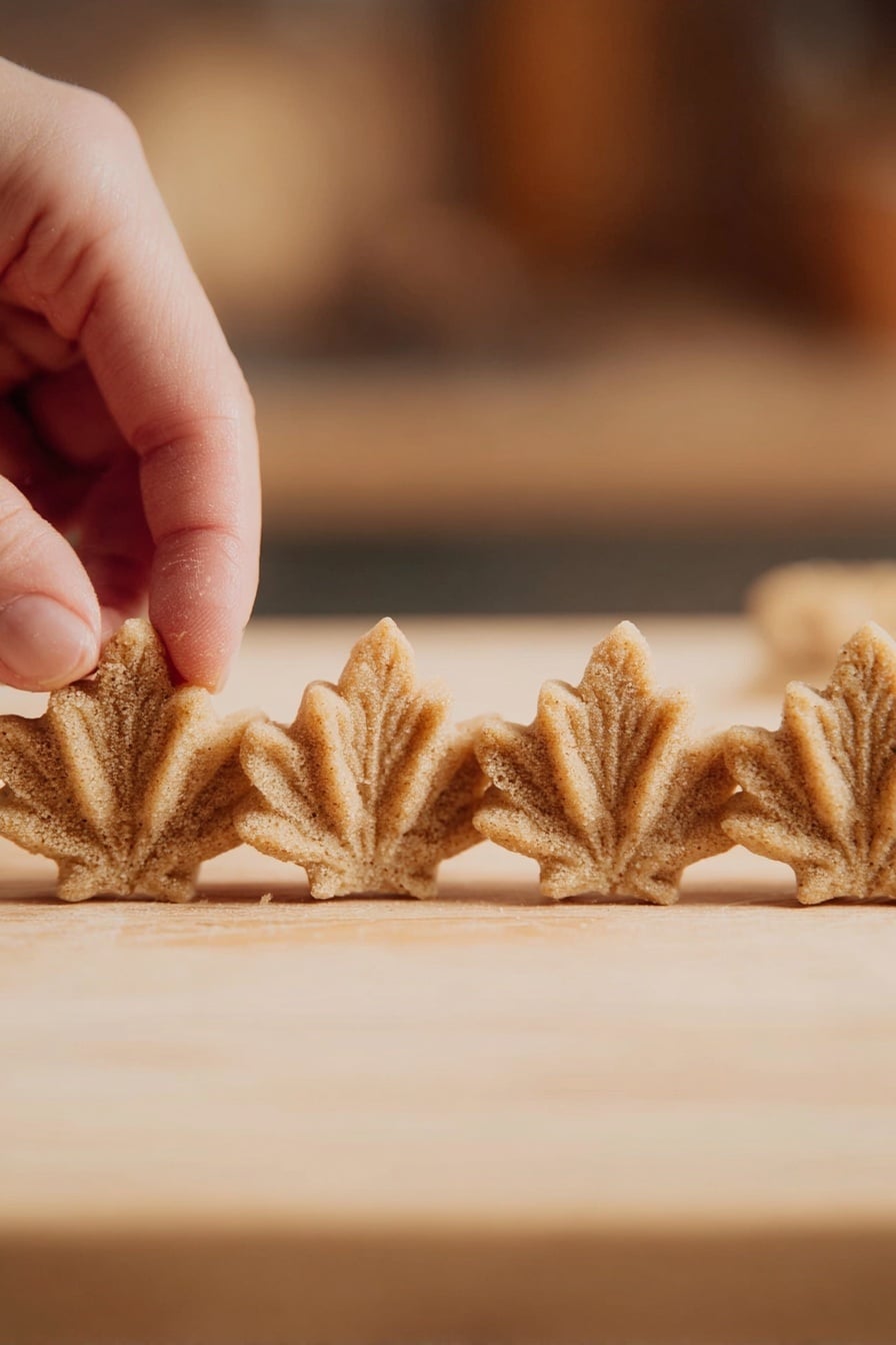 Maple Syrup Candy Recipe 6 The image shows four small, light brown, textured pieces shaped like maple leaves lined up on a light wooden surface, with a woman's hand gently holding the first piece on the left. The maple leaf shapes have detailed veins visible on the top, and the pieces look soft and slightly crumbly. The background is softly blurred in warm tones, keeping the focus on the maple leaf pieces. photo taken with an iphone --ar 2:3 --v 7 - Maple Syrup Candy, Maple Syrup Candy Recipe, Homemade Maple Candy, How to Make Maple Candy, Easy Maple Syrup Candy