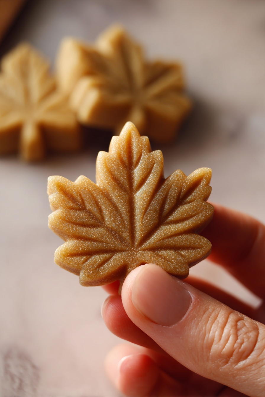 Maple Syrup Candy Recipe 8 Three small maple leaf-shaped sweets with a light brown color and a slightly grainy texture are placed close together on a smooth, light tan surface with a soft, warm background. Two of the sweets stand upright, showing their detailed, veined surface, while the third one lies flat in front, revealing its round, ridged base. The shapes have a firm, slightly powdery appearance with clear edges and small indentations that highlight the leaf design. The lighting is soft and warm, creating gentle shadows and a cozy feel. photo taken with an iphone --ar 2:3 --v 7 - Maple Syrup Candy, Maple Syrup Candy Recipe, Homemade Maple Candy, How to Make Maple Candy, Easy Maple Syrup Candy