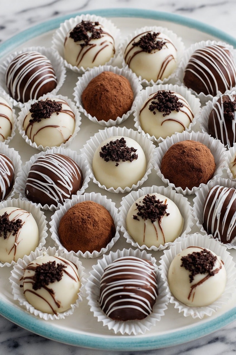 A round white plate holds 25 small round chocolates arranged in rows, each sitting in a white paper cup. The chocolates come in two colors: smooth white and smooth milk chocolate. Some white chocolates have a drizzle of milk chocolate in thin stripes across the top, while some milk chocolates have a white chocolate drizzle in thin stripes. Other pieces of both colors are topped with dark brown crumbly bits. The background surface is white marble. Photo taken with an iphone --ar 2:3 --v 7 - Easy Oreo Balls, Oreo Balls No Bake, Chocolate Oreo Bites, No Bake Dessert, Simple Oreo Treats