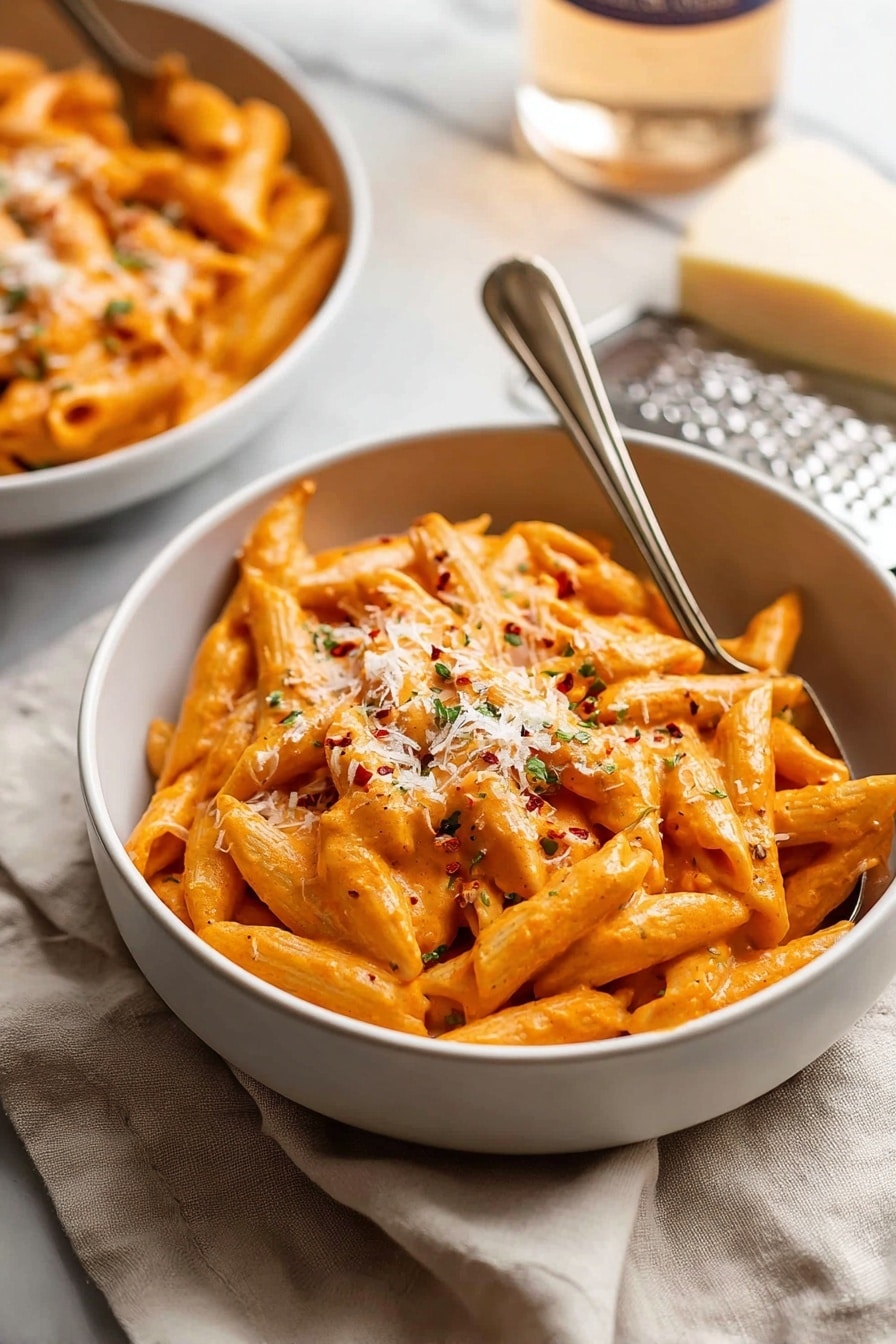 A white bowl filled with orange-colored penne pasta covered in a creamy sauce, topped with a small amount of grated cheese and finely chopped green herbs. A silver spoon is placed inside the bowl on the right side. In the background, there is another white bowl facing slightly sideways with the same pasta. The scene is set on a beige cloth with part of a cheese block and a grater near the bowl in front. The background features a white marbled texture with a blurred bottle behind the bowls. photo taken with an iphone --ar 4:5 --v 7