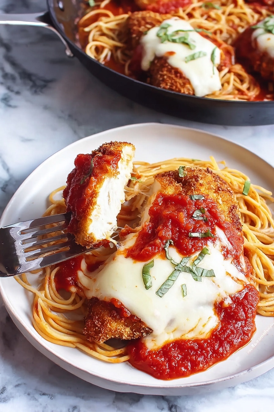 A white plate holds a bed of cooked spaghetti with a light yellow color, topped with thick red tomato sauce with visible chunks and sprinkled green herbs. On top of the sauce lies a breaded and fried chicken cutlet with a crispy brown texture. A slice of melted white cheese with black pepper flakes covers part of the chicken. A fork lifts a piece of the chicken, revealing the white cooked meat inside. The white marbled surface shows under the plate, adding a clean, bright background. photo taken with an iphone --ar 4:5 --v 7
