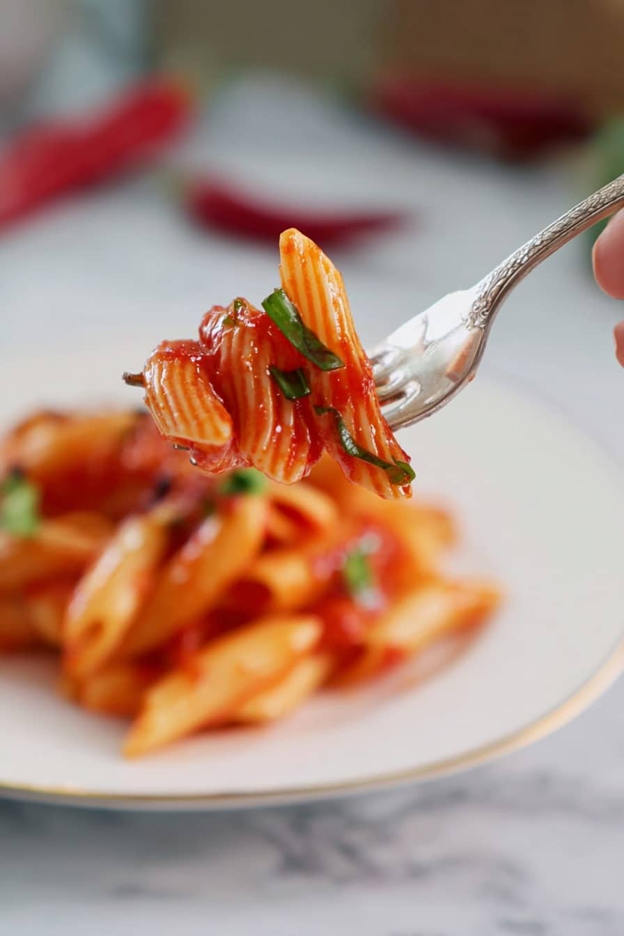 Close-up of a white plate filled with rigatoni pasta, each tube covered in bright red tomato sauce with a slightly shiny texture. Small pieces of red chili are scattered through the sauce, and fresh green parsley leaves are sprinkled on top, adding contrast. A whole red chili rests near the edge of the plate on a white marbled surface. The photo taken with an iphone --ar 4:5 --v 7