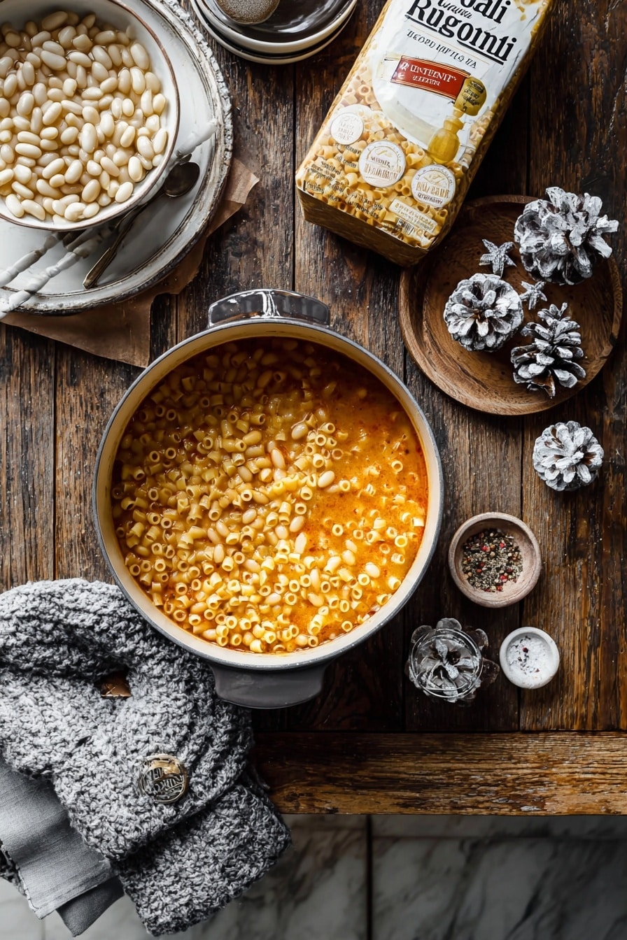 A large copper pot sits on a rustic wooden cutting board on a dark wooden table, filled with small tubular pasta mixed with white beans in a light orange sauce, topped with a sprinkle of ground black pepper. To the left, a white bowl with beans in clear broth is partially covered by a gray knitted kitchen cloth with a wooden handle resting on it. Above the pot, a stack of two white plates with a tarnished silver spoon rests next to a gray cloth napkin with a golden leaf-shaped napkin ring. To the right, another gray napkin with the same golden leaf napkin ring lies near a white bag of rigatoni pasta open with some pasta spilling out. A small light brown wooden bowl holding frosted pinecones and golden Christmas ornaments sits in the upper right corner. A tiny clear glass jug with light oil is placed near the cutting board, and a small white bowl with coarse salt and pepper is on the board’s edge. The background is a white marbled texture photo taken with an iphone --ar 4:5 --v 7
