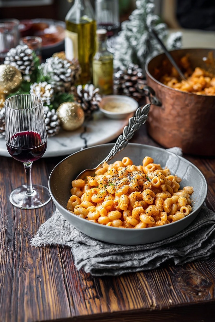 A close-up of a bowl filled with two layers of small round pasta and white beans mixed in a light orange sauce, sprinkled with black pepper. A silver spoon is inside the bowl, leaning on the right side. The bowl is gray and sits on a dark wooden table with a folded gray cloth napkin beside it. Behind the bowl, there is a glass half-filled with dark red wine, a small bottle with yellow oil, and a small bowl of salt. In the background, there is a round copper pot with more pasta and beans and a shallow bowl filled with pine cones and gold Christmas decorations. The surface is a white marbled texture. Photo taken with an iphone --ar 4:5 --v 7