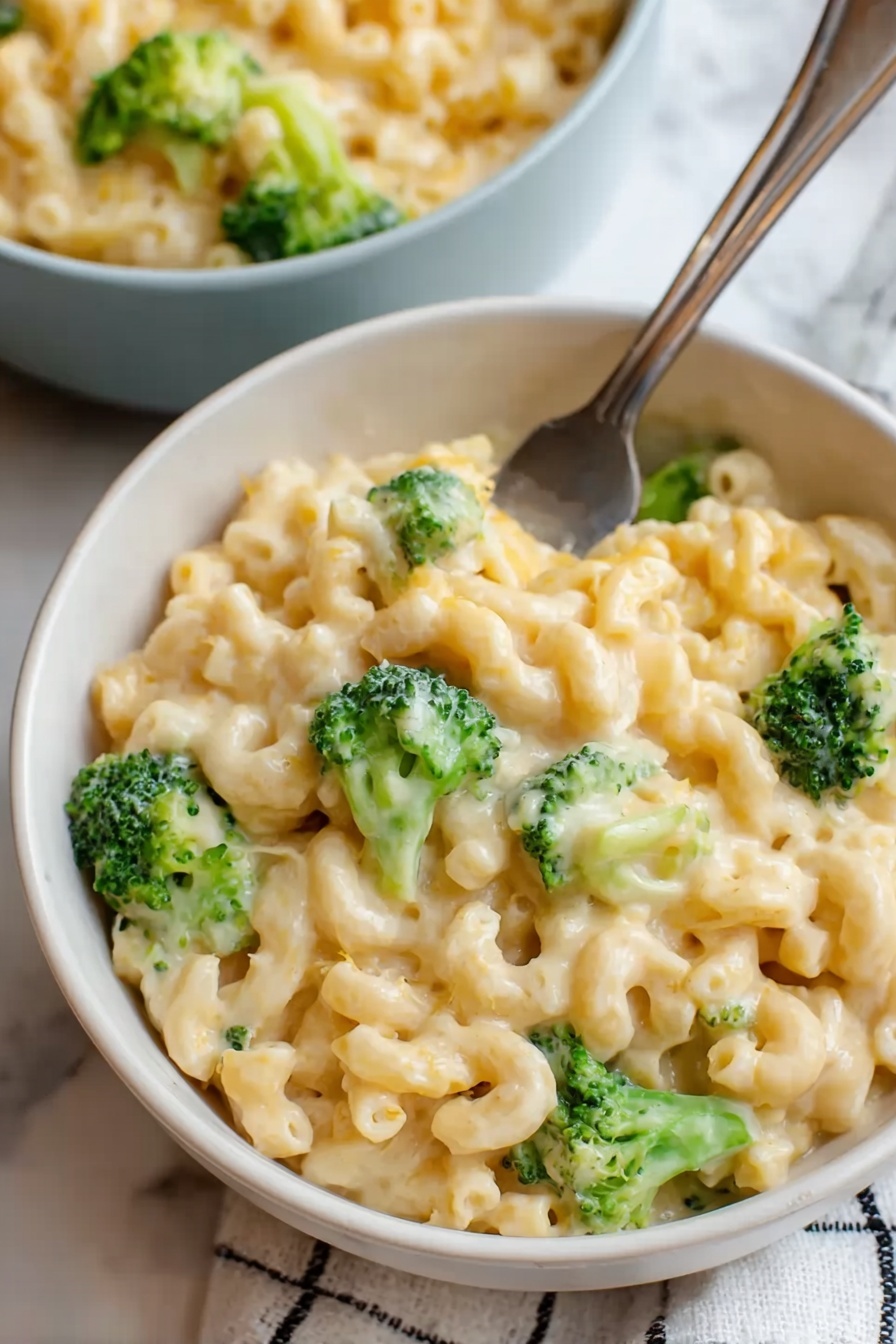 Broccoli Mac and Cheese Recipe 6 The image shows a close-up of a white bowl filled with creamy macaroni and cheese mixed with bright green broccoli florets. The macaroni is soft and shiny, coated with a smooth, white cheese sauce that looks rich and thick. The broccoli pieces are scattered evenly throughout the dish, adding a fresh contrast in color and texture. There is a silver spoon partially submerged in the bowl, ready to scoop up the food. The bowl rests on a white marbled surface with a white cloth featuring a black checkered pattern underneath. Another bowl with the same dish is partially visible in the background. photo taken with an iphone --ar 4:5 --v 7