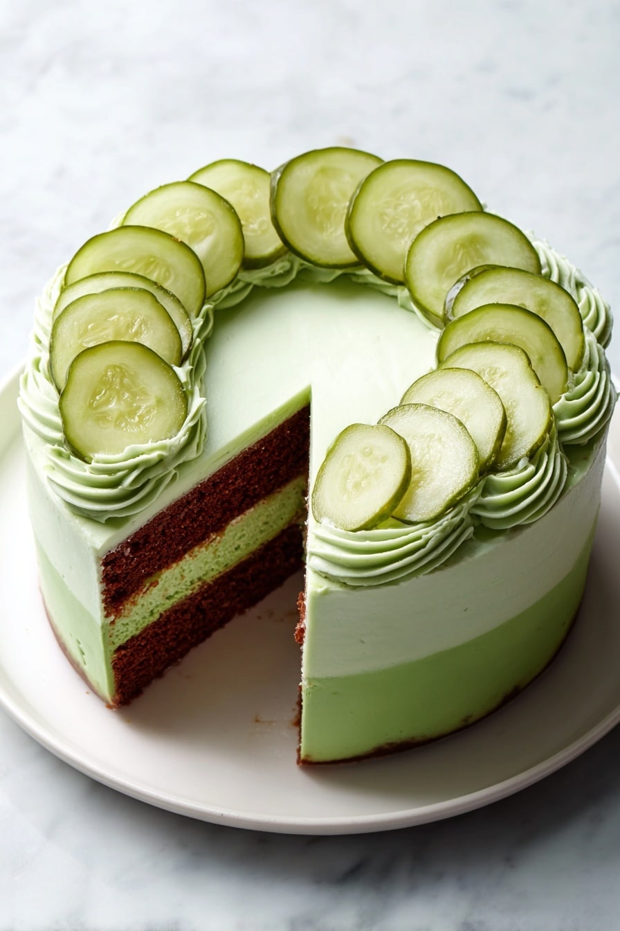 A three-layer round cake is shown on a white plate on a white marble surface. The bottom layer is a light brown cake, topped by a thick, smooth light green frosting layer. On top of the frosting, there are several round pickle slices placed evenly around the edge and one on a removed slice. The removed slice shows the cake’s inside, with the frosting layer about the same thickness as the cake. The frosting has a soft, swirled texture on top. The photo was taken with an iphone --ar 4:5 --v 7
