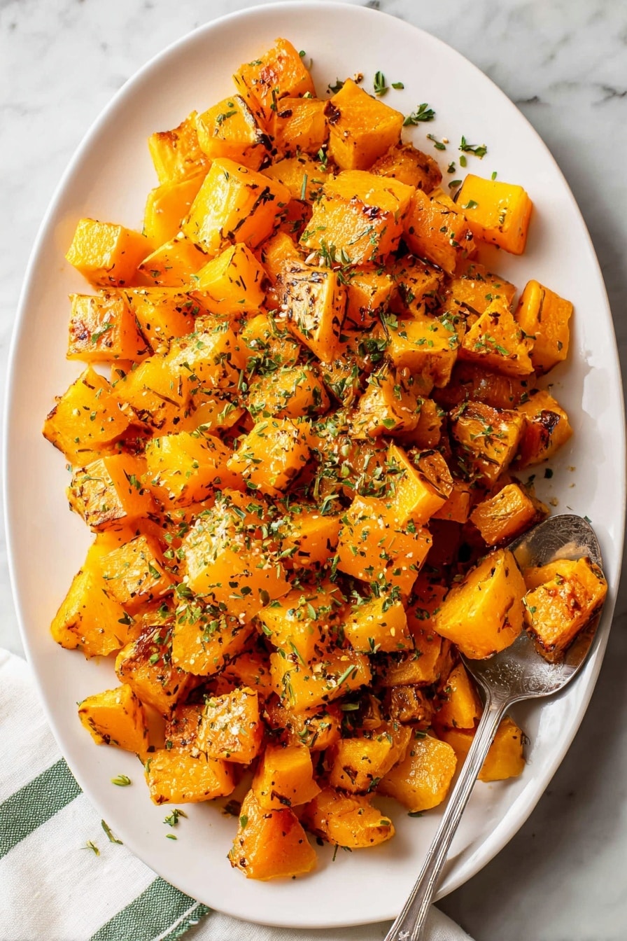 Roasted Butternut Squash Side Dish Recipe 5 The image shows a white plate filled with roasted sweet potato cubes. There are two layers of sweet potato pieces visible, all bright orange with caramelized brown edges. The cubes have a slightly rough texture where they are browned, while other parts are smooth and soft looking. Small chopped green herbs are sprinkled evenly on top, adding a fresh contrast to the orange sweet potatoes. A silver spoon on the plate holds some sweet potato cubes. The plate is set on a white marbled surface. photo taken with an iphone --ar 4:5 --v 7