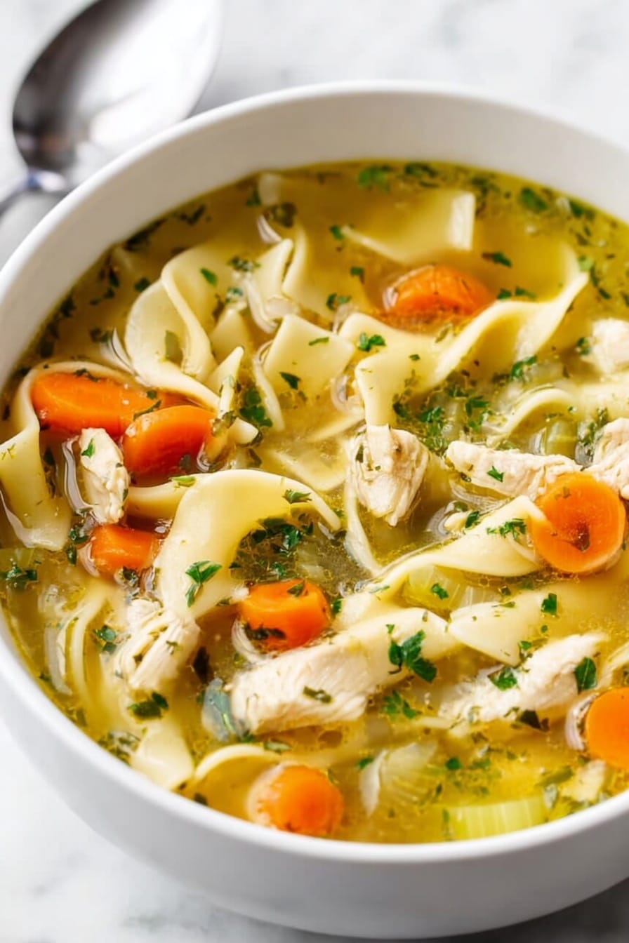 Homemade Chicken Noodle Soup Recipe 5 A white pot with red handles sits on a white marbled surface, filled with chicken noodle soup. The soup has a light yellow broth with visible tiny green herb specks floating throughout. Inside the soup are wide flat noodles, small pieces of cooked white chicken, carrot slices, and green celery pieces, all mixed well. A black ladle inside the pot lifts a spoonful of soup, showing the ingredients clearly with chunks of chicken and vegetables held in the broth. A small bunch of parsley and a carrot stem are placed near the pot on the white marbled surface. Photo taken with an iphone --ar 4:5 --v 7