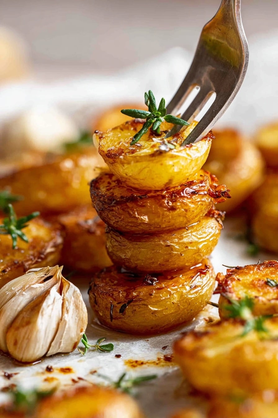 Crispy Roast Potatoes with Garlic and Herbs Recipe 6 The image shows a close-up of roasted small potatoes with golden-brown, crispy skins and soft, light yellow insides. The potatoes are cut in halves or quarters, spread out on a white marbled surface. Scattered among them are roasted garlic cloves with slightly charred skins and fresh green thyme sprigs that add bursts of color. A silver spatula rests among the potatoes, ready to serve, with the potatoes reflecting a light sheen of oil and seasoning. Photo taken with an iphone --ar 4:5 --v 7