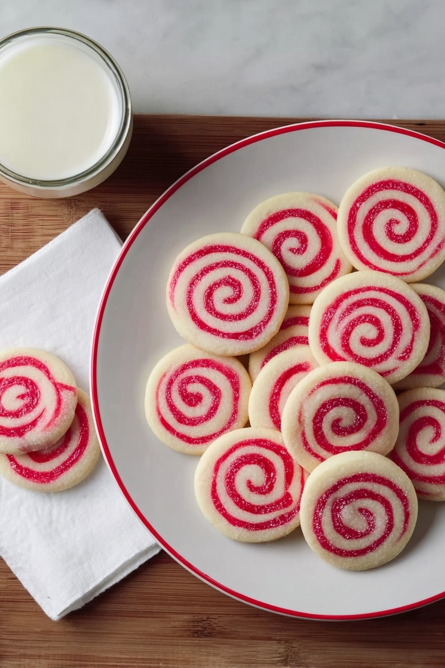 A white plate filled with many round spiral cookies that have two layers, one in bright pink and the other in a light cream color, arranged in a stacked and slightly overlapping way. Next to the plate, there are three more spiral cookies placed on a white napkin. A glass jar filled with white milk is placed at the top left corner. The background is a white marbled texture photo taken with an iphone --ar 4:5 --v 7
