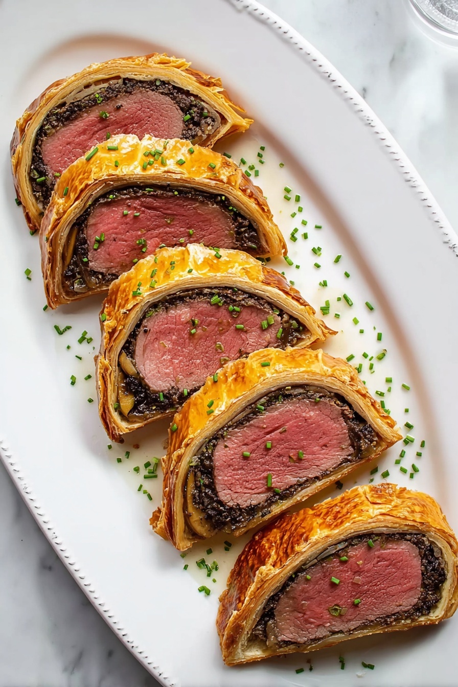 The image shows five thick slices of Beef Wellington arranged in a row on a white oval plate, placed on a white marbled surface. Each slice has three clear layers: a bright pink center of cooked beef surrounded by a thin layer of finely chopped mushrooms with a dark brown color, all wrapped in a golden, flaky puff pastry crust that looks crisp and shiny. Small green chive pieces are sprinkled over the slices, adding a touch of color. The lighting highlights the textures of the crust and the juicy meat inside, making the dish look fresh and appetizing. photo taken with an iphone --ar 4:5 --v 7