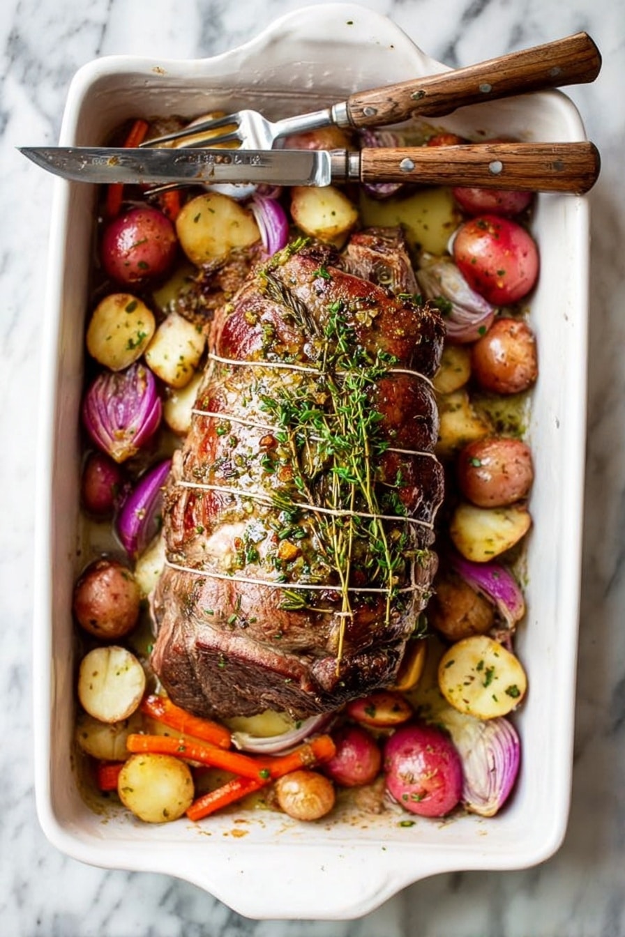 A white baking dish holds a large roasted meat roll in the center, tied with string and topped with sprigs of green herbs. Surrounding the meat are chunks of colorful vegetables including red and white potatoes, orange carrots, red onion slices, and celery pieces. The textures show crispy, browned skin on the meat and soft, roasted vegetables underneath. On top of the dish rests a large carving knife and fork with wooden handles. The background is a white marbled surface. Photo taken with an iphone --ar 4:5 --v 7