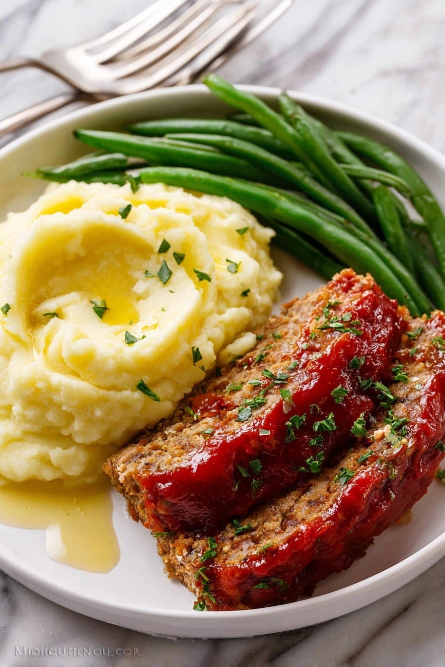 Easy Classic Meatloaf with Tangy Glaze Recipe 6 The image shows a sliced meatloaf on a white plate, placed on a white marbled surface. The meatloaf has three visible layers: the top layer is covered with a thick, shiny red sauce, which also coats the two sliced pieces beneath it. The meat inside is a light brown color with a slightly rough texture and visible small bits of onion or seasoning. Green chopped herbs are sprinkled on top of the sauce and around the plate for garnish. A silver fork is placed to the left side of the plate. photo taken with an iphone --ar 4:5 --v 7