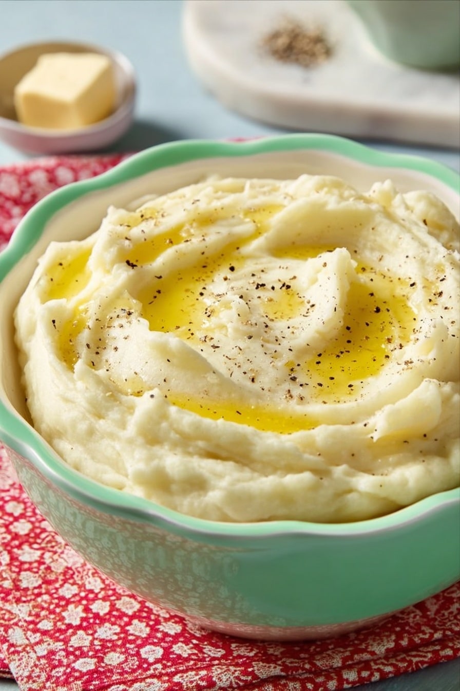The image shows a white plate with a neat scoop of light yellow mashed potatoes in the center. The mashed potatoes have a soft, fluffy texture with small lumps visible, showing they are homemade. A silver fork held by a woman's hand is lifting a portion of the mashed potatoes, creating a gentle indentation and showing the smooth, creamy inside. The background is a white marbled surface. Photo taken with an iphone --ar 4:5 --v 7