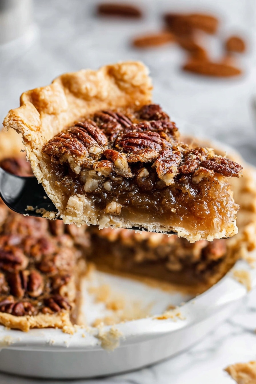 A pecan pie sits in a white fluted pie dish on a white marbled surface. The pie has one layer: a golden-brown crust with a thick, bumpy edge surrounding a rich, dark brown filling studded evenly with whole pecan halves. The filling looks slightly shiny and textured with a caramelized finish. Around the pie on the marbled surface are a few loose pecans, some brown sugar spilled next to a metal spoon with a wooden handle, and a crumpled beige linen cloth. Two stacked gray plates are partially visible in the upper right corner. Photo taken with an iphone --ar 4:5 --v 7