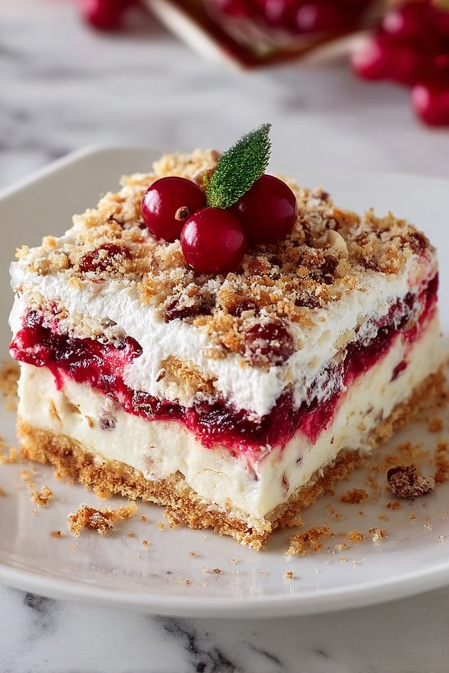 The image shows a square slice of layered dessert on a white plate, placed on a dark wooden table with a piece of burlap cloth underneath. The dessert has four distinct layers: a bottom light brown crumbly crust, a thick white creamy layer above it, a bright red cranberry fruit layer in the middle, topped by another thick white creamy layer. The top is garnished with crumbled nuts and small whole cranberries with green leaves. There is a silver fork next to the plate and a green mint leaf beside it. The background has a white marbled texture and the larger dessert container with more layers can be seen blurred behind. Photo taken with an iphone --ar 4:5 --v 7