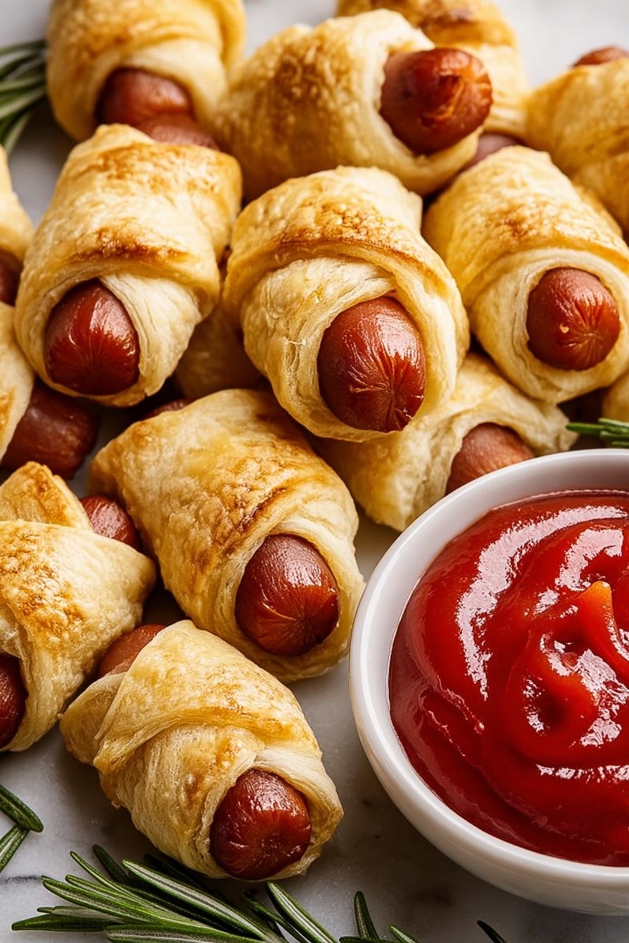 The image shows a circular wreath made of small golden-brown crescent rolls wrapped around mini sausages in two thick layers, forming the ring. Cherry tomatoes and fresh green rosemary sprigs are placed around the wreath, adding red and green pops of color. In the center, there is a small white bowl filled with bright red ketchup. A large bow made of the same golden dough sits at the bottom right of the wreath. The whole setup is on a round wooden board, placed on a white marbled textured surface with part of a white linen napkin visible nearby. photo taken with an iphone --ar 4:5 --v 7