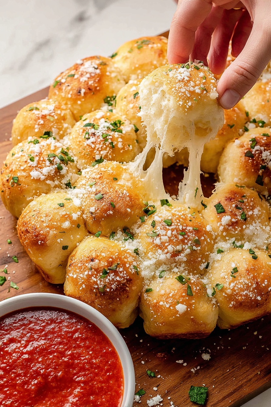 A ring of golden-brown baked dough balls arranged closely in a circle on a white marbled surface. Each dough ball is topped with green parsley flakes and sprinkled with grated cheese, showing a slightly crispy and soft texture. One dough ball is being pulled apart by two woman's hands, revealing melted white cheese stretching between the two pieces. There is also a small white bowl containing red marinara sauce partially visible at the bottom left corner. Photo taken with an iphone --ar 4:5 --v 7
