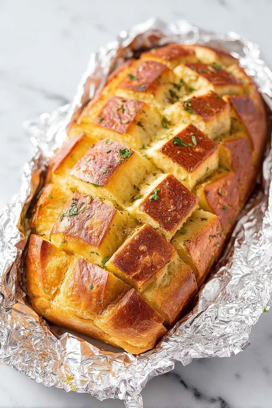 The image shows a whole loaf of bread wrapped in crinkled aluminum foil, placed on a white marbled surface. The bread is sliced in a crisscross pattern, creating many square-shaped pieces that are still attached at the base. The top layer of the bread is golden brown and crispy with a shiny texture, and small green herbs are scattered across the surface. The loaf looks soft and warm inside where the cuts reveal a light yellow texture. Photo taken with an iphone --ar 4:5 --v 7
