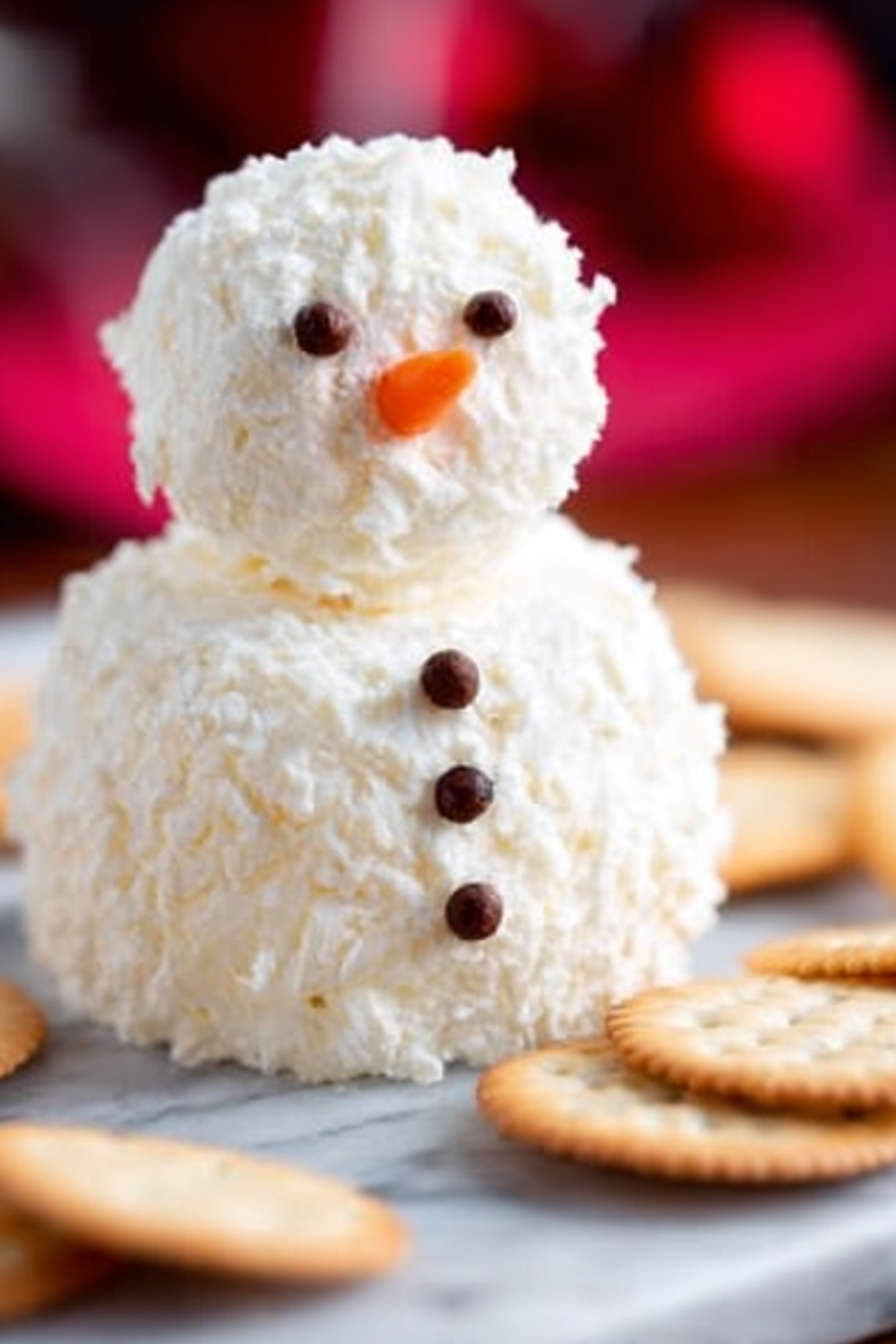 The image shows a snowman made from two round balls of white creamy cheese stacked on top of each other, with soft shredded cheese covering the surface to give a fluffy texture. The bottom ball is larger and rests on a white plate, while the smaller ball is placed on top to form the head. The snowman’s eyes, mouth, and buttons down the body are made from small, dark round peppercorns, and it has a tiny orange piece for the nose. The plate sits on a white marbled surface with a softly blurred red and black background, creating a cozy, festive feel. Photo taken with an iphone --ar 4:5 --v 7