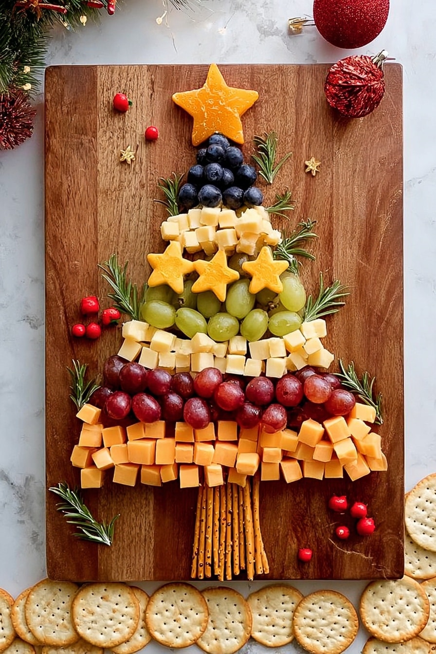 A food arrangement shaped like a Christmas tree sits on a wooden tray placed on a white marbled surface. The tree is made of five layers: the top layer is black grapes clustered tightly, below it is a layer of light yellow cheese cubes, followed by a layer of green grapes, then a layer of white cheese cubes with small red bits, and beneath that a thick layer of dark red grapes. The bottom tree layer is made of orange and yellow marbled cheese cubes. Small green rosemary sprigs are placed between some layers to look like tree branches. At the bottom, a bunch of thin pretzel sticks are stacked vertically to form the tree trunk. photo taken with an iphone --ar 4:5 --v 7