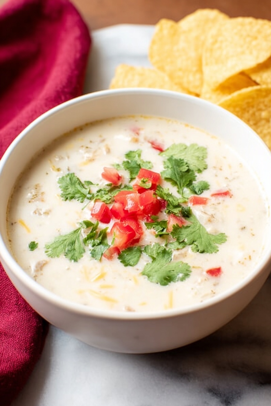A white bowl with a creamy white soup inside rests on a wooden board. The soup has a smooth texture with small bits visible, topped with bright red diced tomatoes and green cilantro leaves placed mostly in the center. Next to the bowl on the board are several light yellow, round, and slightly curved tortilla chips. Behind the bowl is a crumpled dark red cloth, adding a soft texture contrast. The whole scene is set on a white marbled surface. photo taken with an iphone --ar 4:5 --v 7